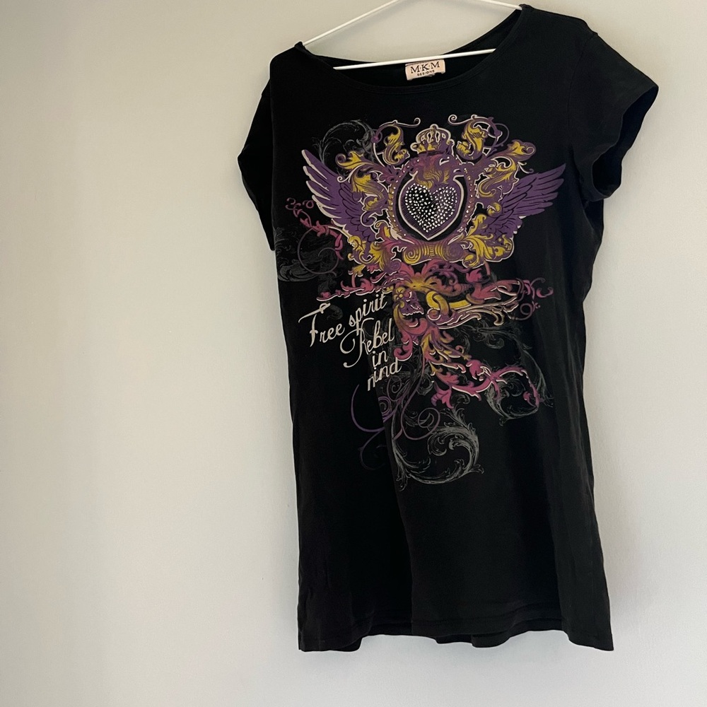 MKM Designs Y2K Black Tee with Purple and Yellow Graphic